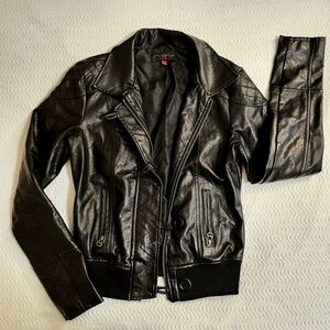 Black Leather Motorcycle Jacket with Asymmetrical Zipper and Notched Collar